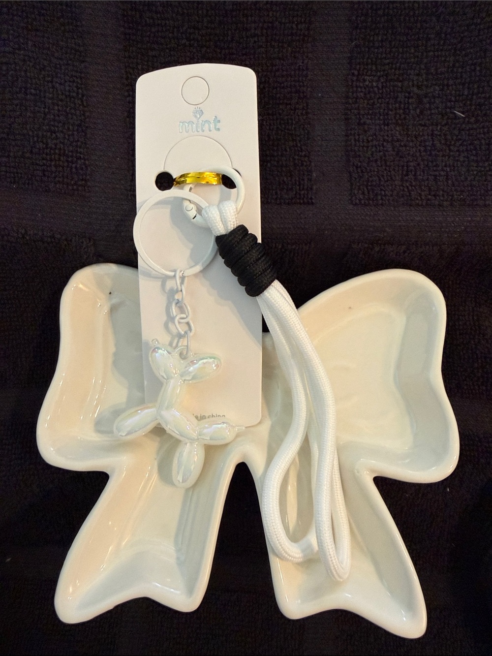 Mint White Balloon Dog Keychain Lanyard with Gold Ring